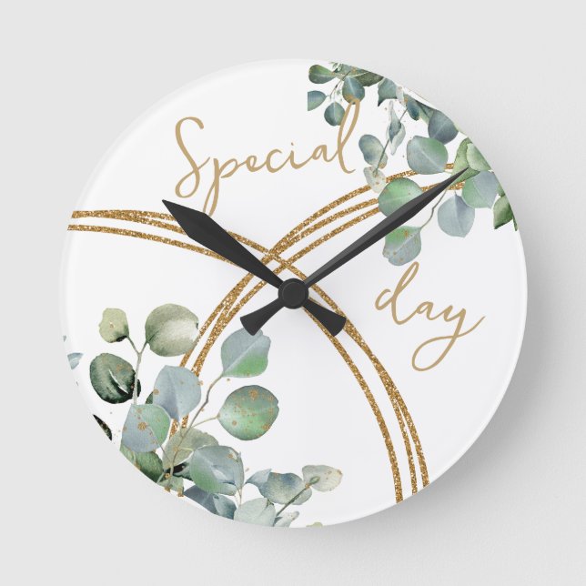 Horloge Ronde Parties scintillant d'or Eucalyptus (Recto)