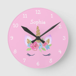 Horloge Ronde Parties scintillant d'or Unicorn mignon Nom de fil
