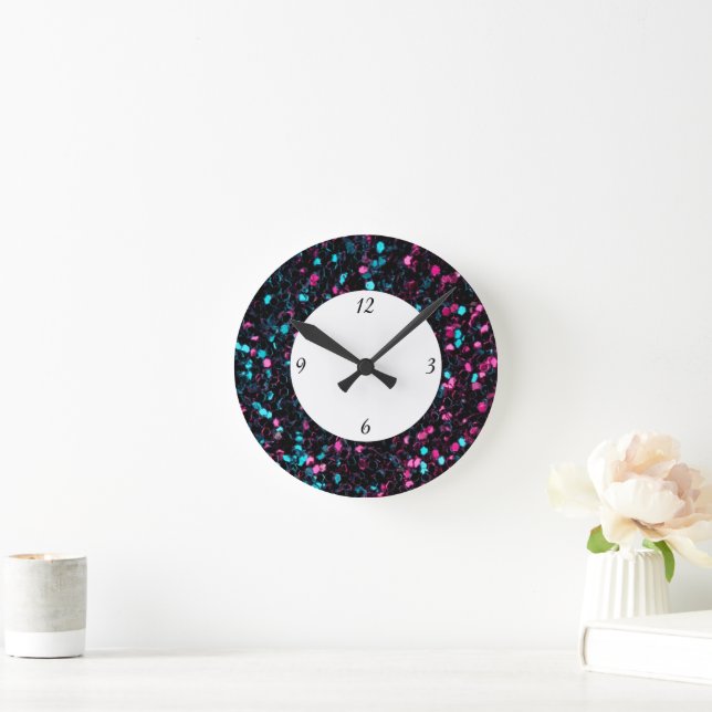 Horloge Ronde Parties scintillant en mosaïque bleue rose brillan (Maison)