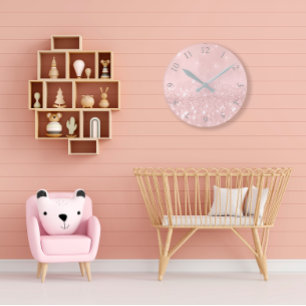 Horloge Ronde Parties scintillant gris argenté minimal rose rose