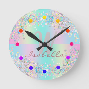 Horloge Ronde Parties scintillant holographique Unicorn