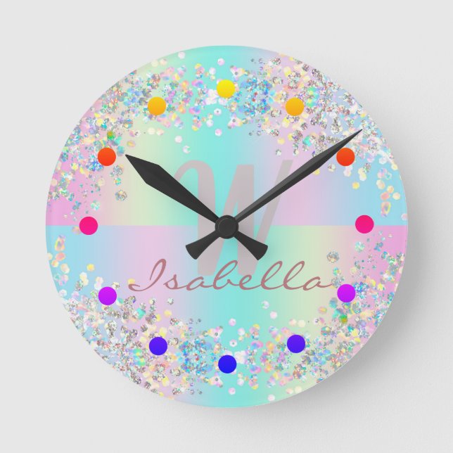 Horloge Ronde Parties scintillant holographique Unicorn (Recto)
