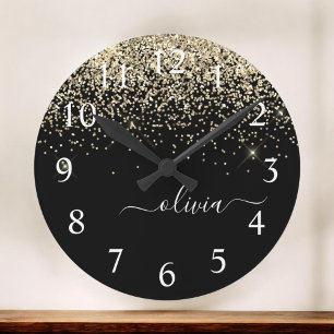 Horloge Ronde Parties scintillant Noir Or Script Monogramme Nom 