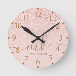 Horloge Ronde Parties scintillant or Rose tendance Initiales fan