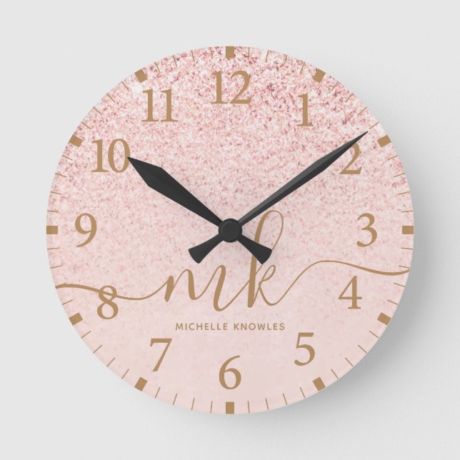 Horloge Ronde Parties scintillant or Rose tendance Initiales fan (Recto)