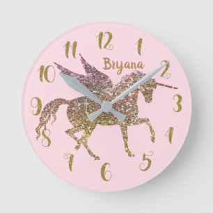 Horloge Ronde Parties scintillant or tendance Unicorn Pegasus TO