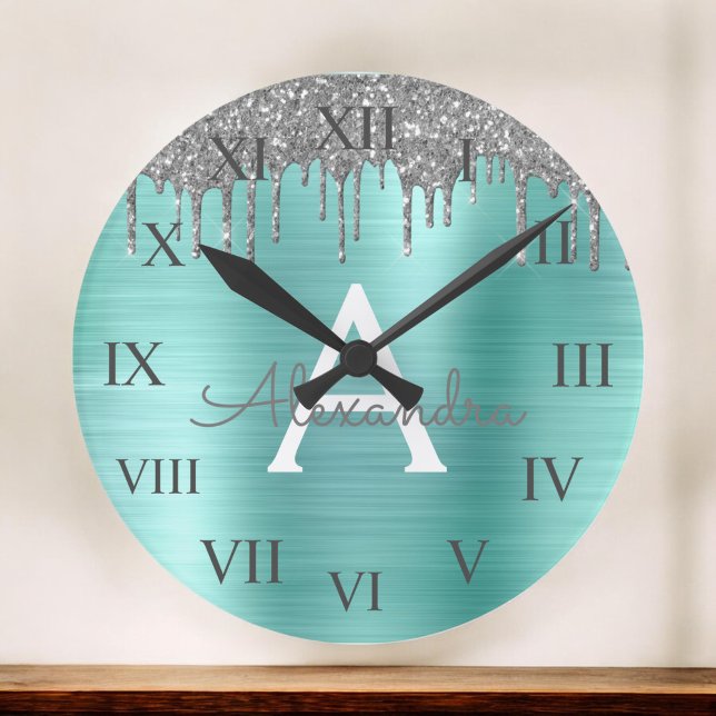 Horloge Ronde Parties scintillant Turquoise argentée en métal br (Créateur téléchargé)