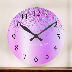 Horloge Ronde Parties scintillant violet Glam Nom du monogramme