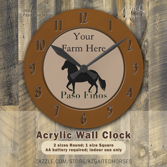 Horloge Ronde Paso Finos - personnalisez-le (Rustic Paso Fino horse silhouette wall clock with custom farm name 🐎)