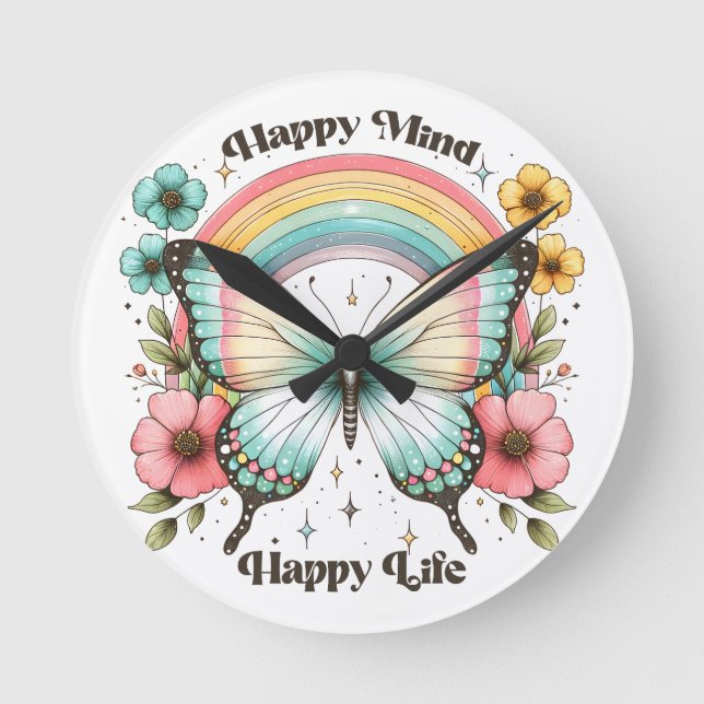Horloge Ronde Pastel Hippie "Happy Mind Happy Life" (Recto)