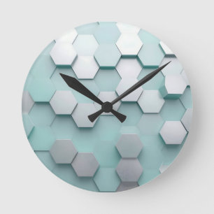 Horloge Ronde Pastel Menthe Hexagone Mosaïque 3D