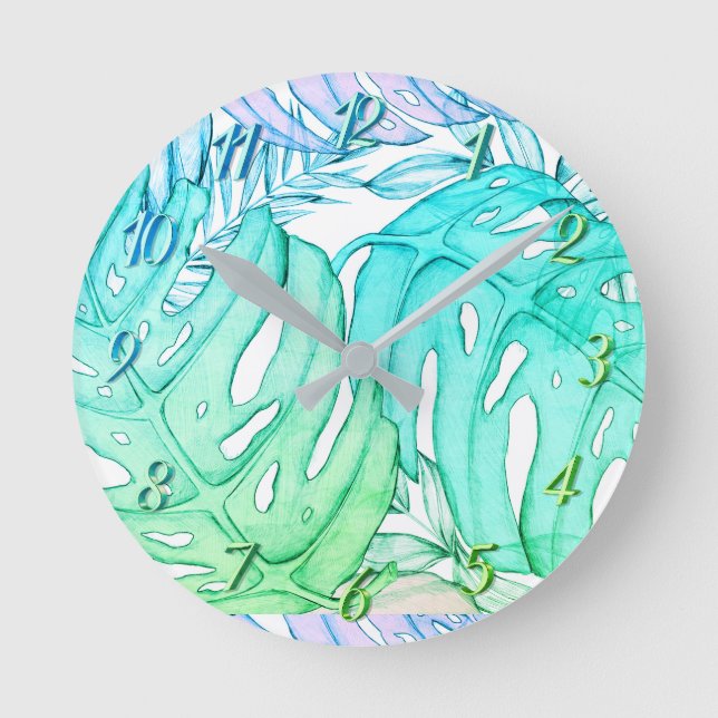 Horloge Ronde Pastel monstera feuille de palmier aquarelle tropi (Recto)