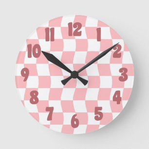 Horloge Ronde Pastel Rose blanc rétro Motif de chèques Vagues