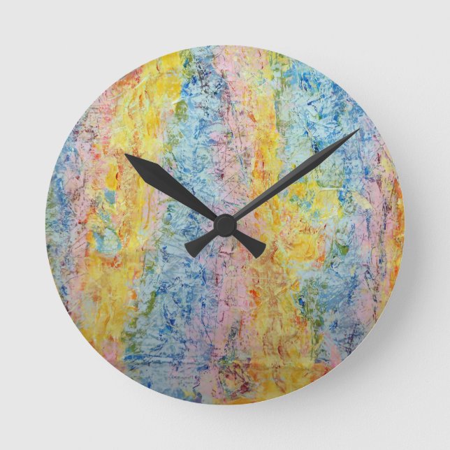 Horloge Ronde Pastel Rose Bleu Jaune Texturé Moderne Abstrait (Recto)