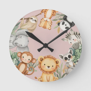 Horloge Ronde Pastel Tropical Wild One Jungle Safari Animaux