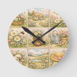 Horloge Ronde Patchwork de jardin de fleurs sauvages Cottagecore