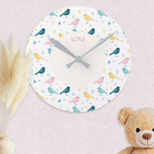 Horloge Ronde Pâtes de Couleurs Motif Oiseaux Scandi Personnalis