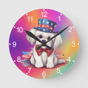 Horloge Ronde Patriotique 4 juillet Blanche Chiot Mignon Chien-4