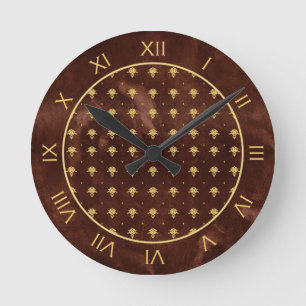 Horloge Ronde Pattern Leather Brown et Gold Damask