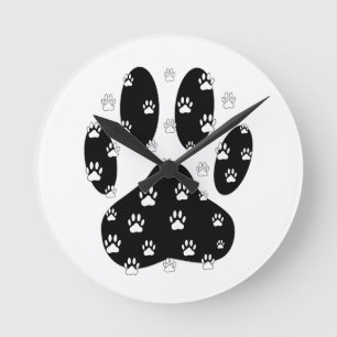 Horloge Ronde Pattes blanches sur empreinte de patte noire