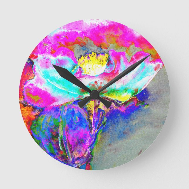 Horloge Ronde Pavot rose, peinture florale à l'aquarelle (Recto)