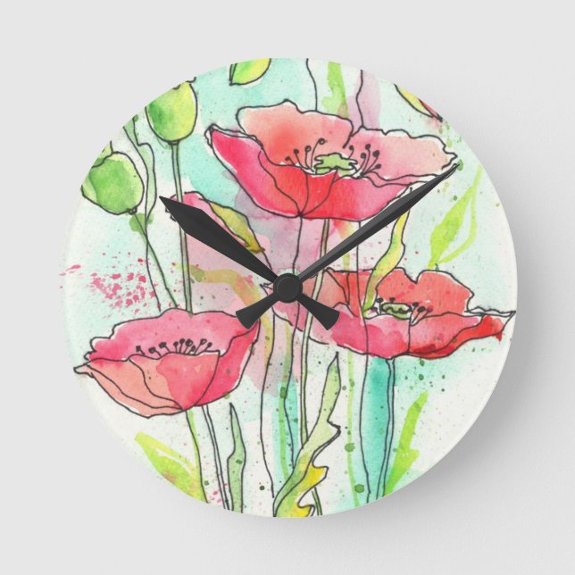 Horloge Ronde Pavots peints d'aquarelle (Recto)