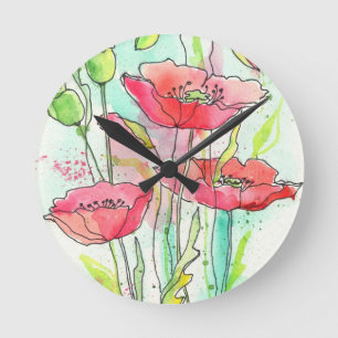 Horloge Ronde Pavots peints d'aquarelle