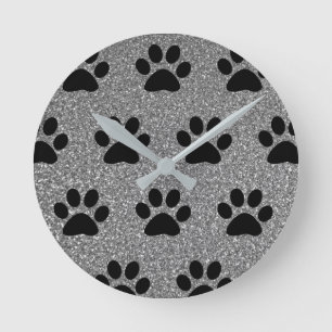 Horloge Ronde Paw Print Patterns Black Silvery Grey Glitter Cute