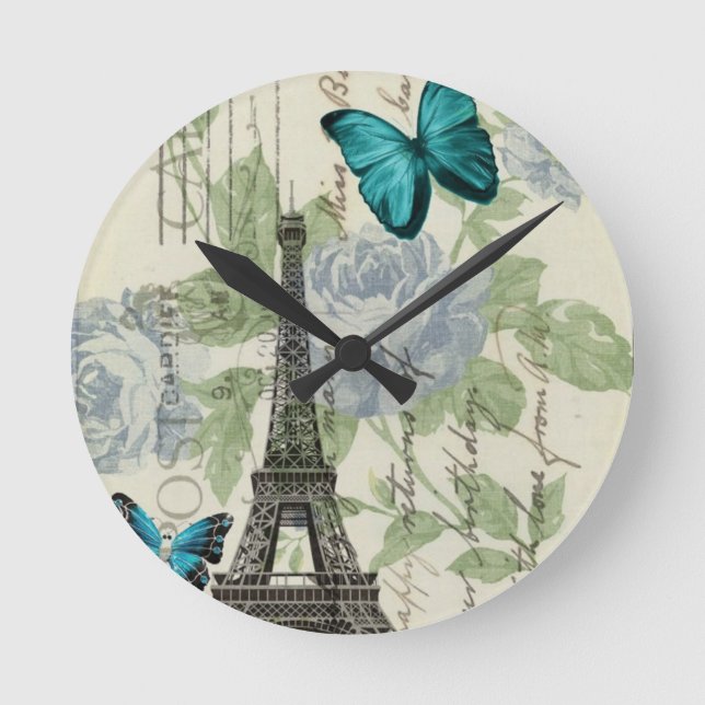 Horloge Ronde Pays Bleu papillon floral paris tour eiffel (Recto)