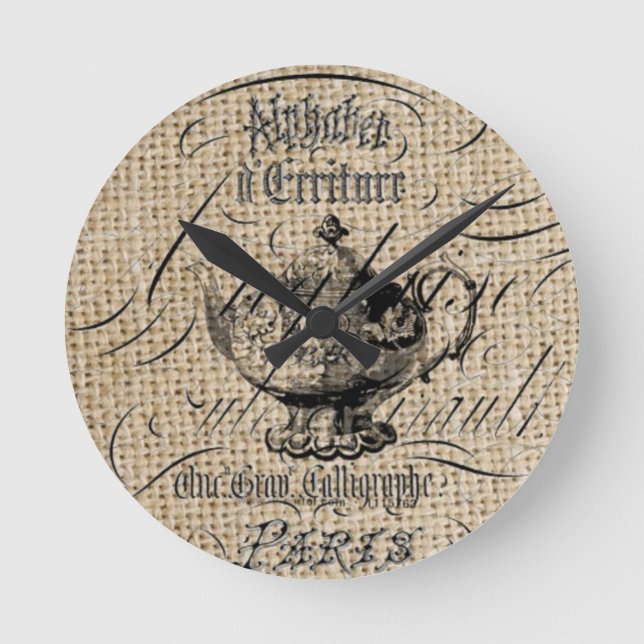 Horloge Ronde pays français burlap scripts teapot tea party (Recto)