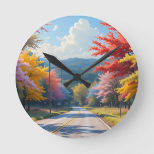 Horloge Ronde Paysage à l'aquarelle de route de campagne automna