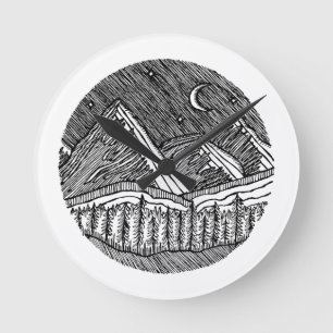 Horloge Ronde Paysage alpin rond dessiné à l'encre noire et blan