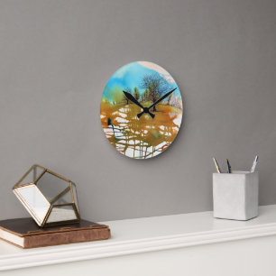 Horloge Ronde Paysage Art Arbres Peinture Abstraite
