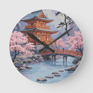 Horloge Ronde Paysage artistique de pagode japonaise aux fleurs