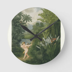 Horloge Ronde Paysage avec Cupid pointant une flèche vers un per