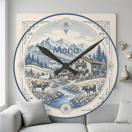 Horloge Ronde Paysage de montagne bleue alpine enneigé Chalet ru