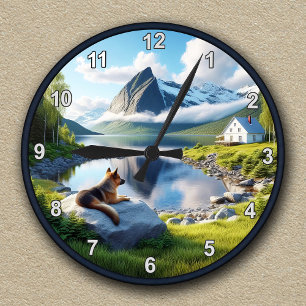 Horloge Ronde Paysage lacustre personnalisable avec Berger allem