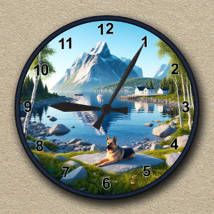 Horloge Ronde Paysage lacustre personnalisable avec Berger allem