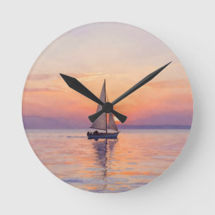 Horloge Ronde Paysage marin aquarelle au coucher du soleil avec