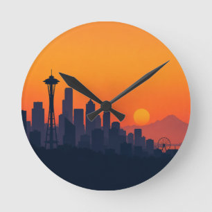 Horloge Ronde Paysage minimaliste de Seattle au coucher du solei