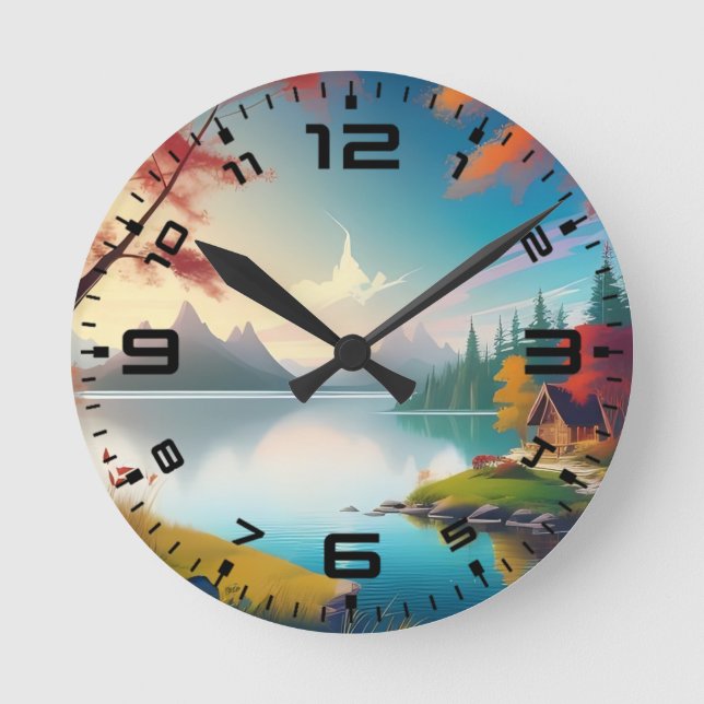 Horloge Ronde Paysage naturel avec lac et chalet-456786 (Recto)