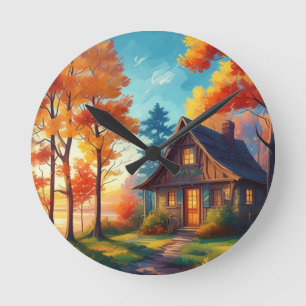 Horloge Ronde Paysage naturel avec une maisonnette dans la forêt