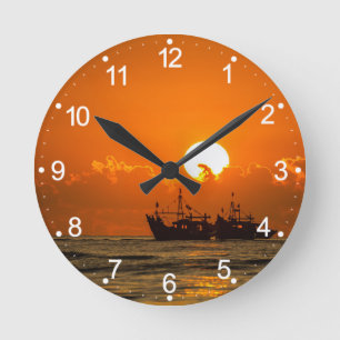 Horloge Ronde Paysage naturel Coucher de soleil avec bateau-6846