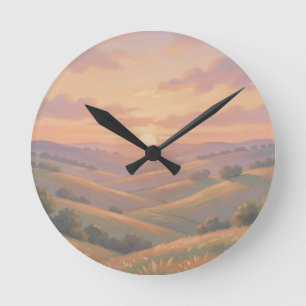Horloge Ronde Paysage Pastel de Collines Ondulantes au Coucher d