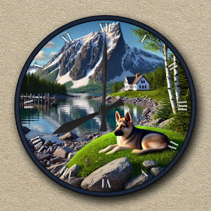 Horloge Ronde Paysage personnalisé du berger allemand Lakeside