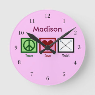 Horloge Ronde Peace Love Baton Twirling Custom Pink
