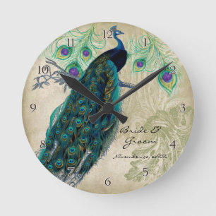 Horloge Ronde Peacock et Etching Personalized Wedding