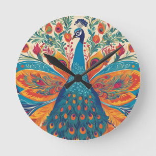 Horloge Ronde "Peacock vibrant dans le style art populaire mexic