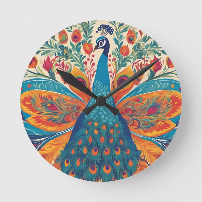 Horloge Ronde "Peacock vibrant dans le style art populaire mexic (Recto)