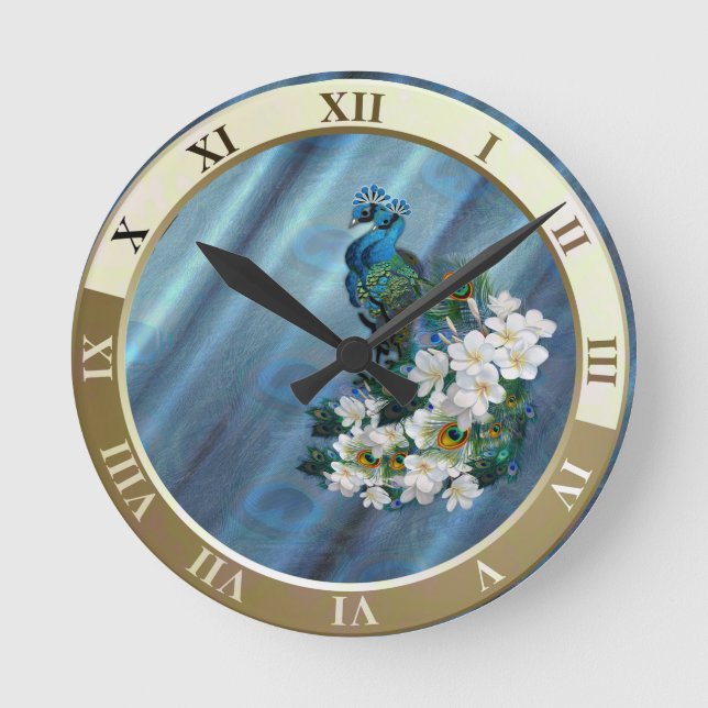 Horloge Ronde Peacocks bleu-vert métallique sur soie vert émerau (Recto)